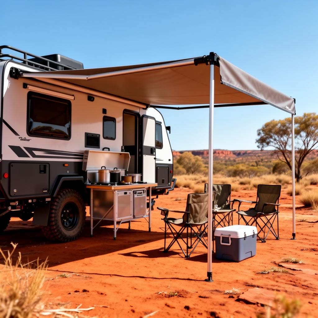 Heavy duty roll out caravan awning extended over an outdoor kitchen and seating area, providing UV protection at an Australian campsite