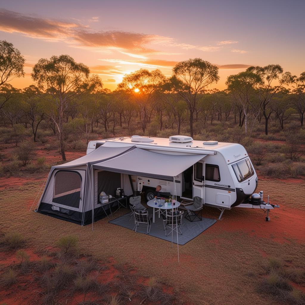 Complete caravan outdoor setup showing annex, awning and shade walls at an Australian campground, demonstrating full outdoor living solutions